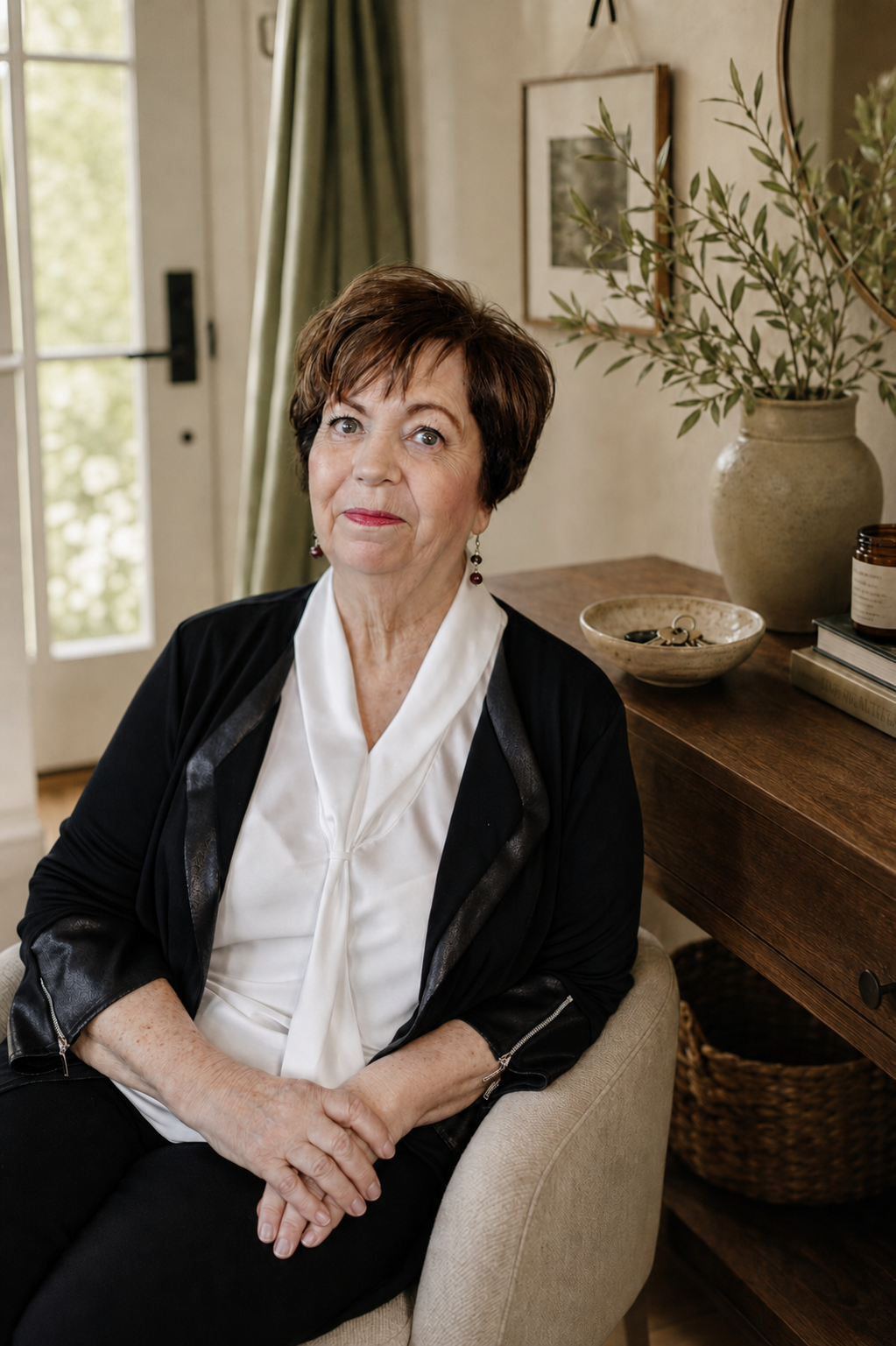 Yvonne Sparrow seated in a warmly lit living room