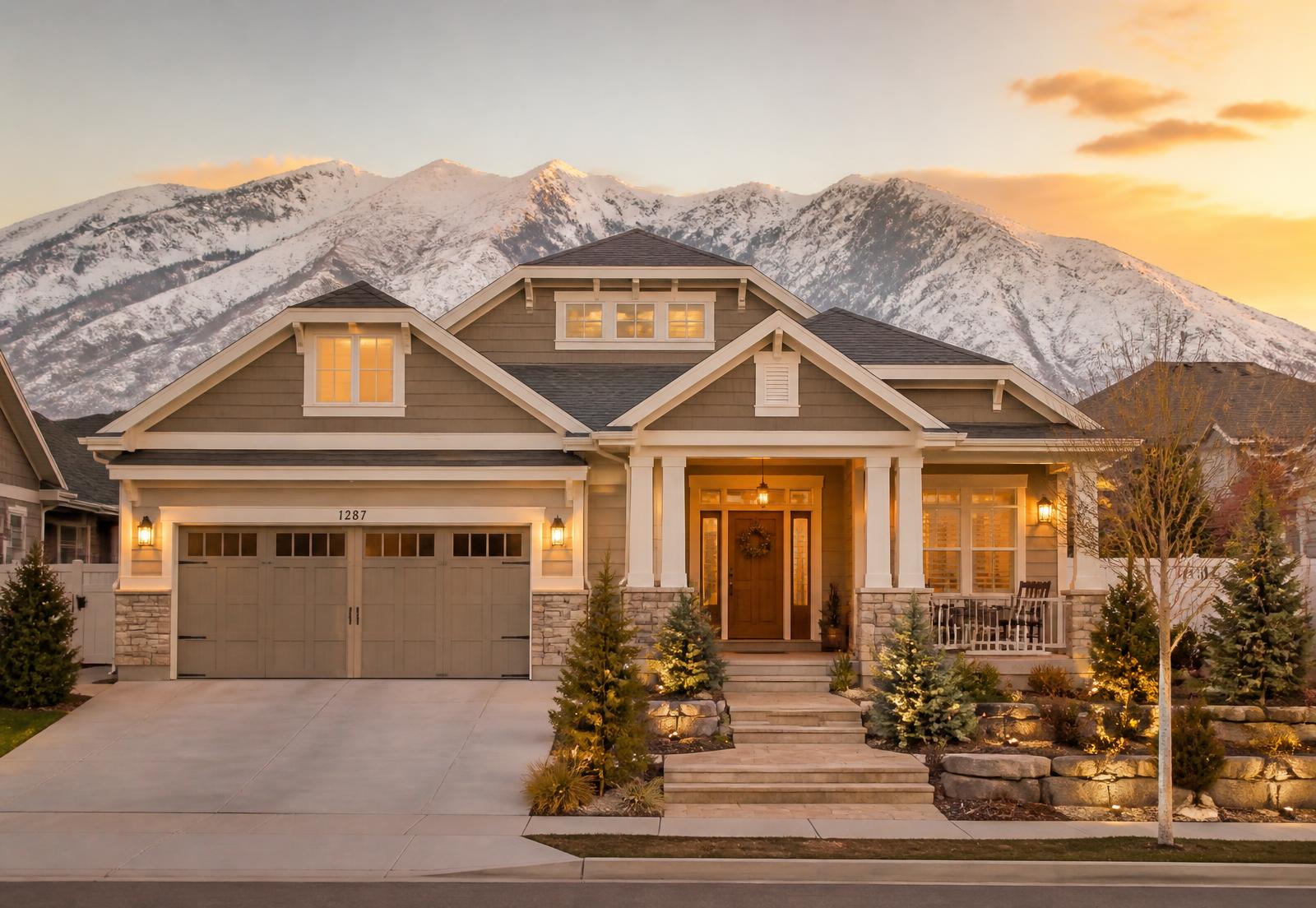 Craftsman home at golden hour with the snow-capped Wasatch mountains behind it
